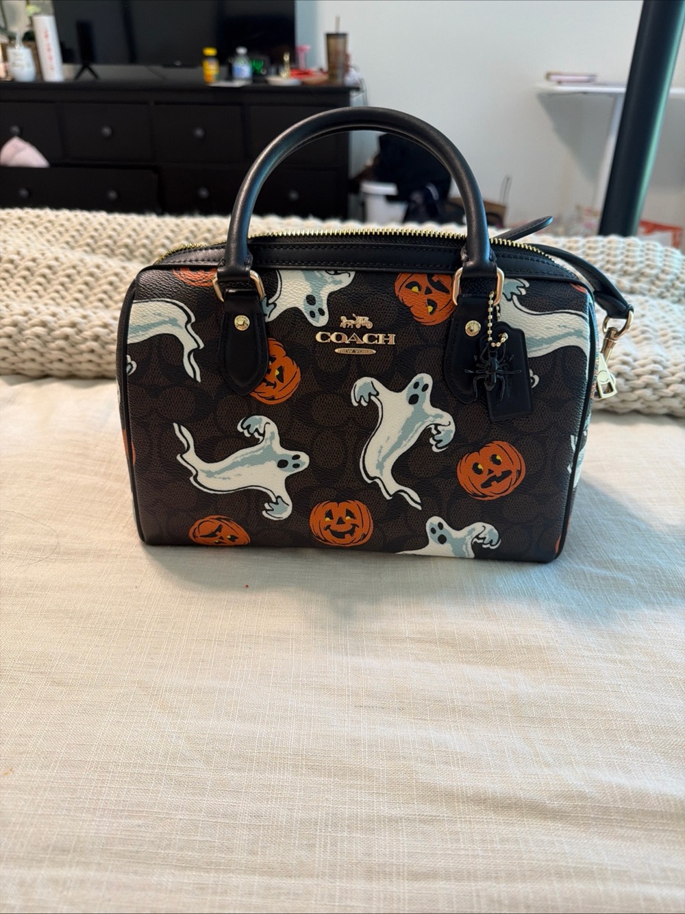 Coach Black Halloween Rowan 
 with White Ghosts & Orange Pumpkins
